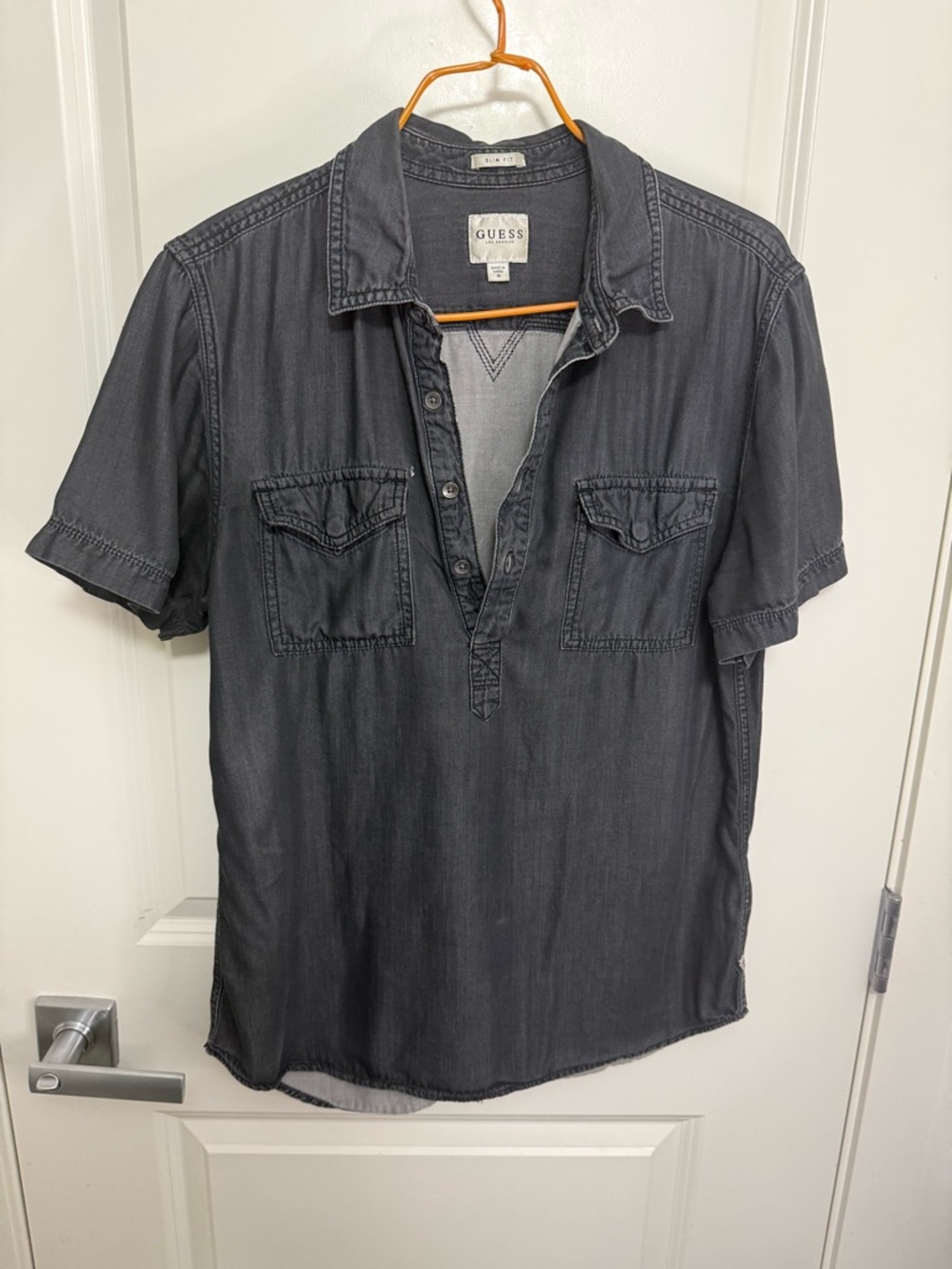 GUESS Women's Short-Sleeve Denim Shirt in Charcoal Gray in size M